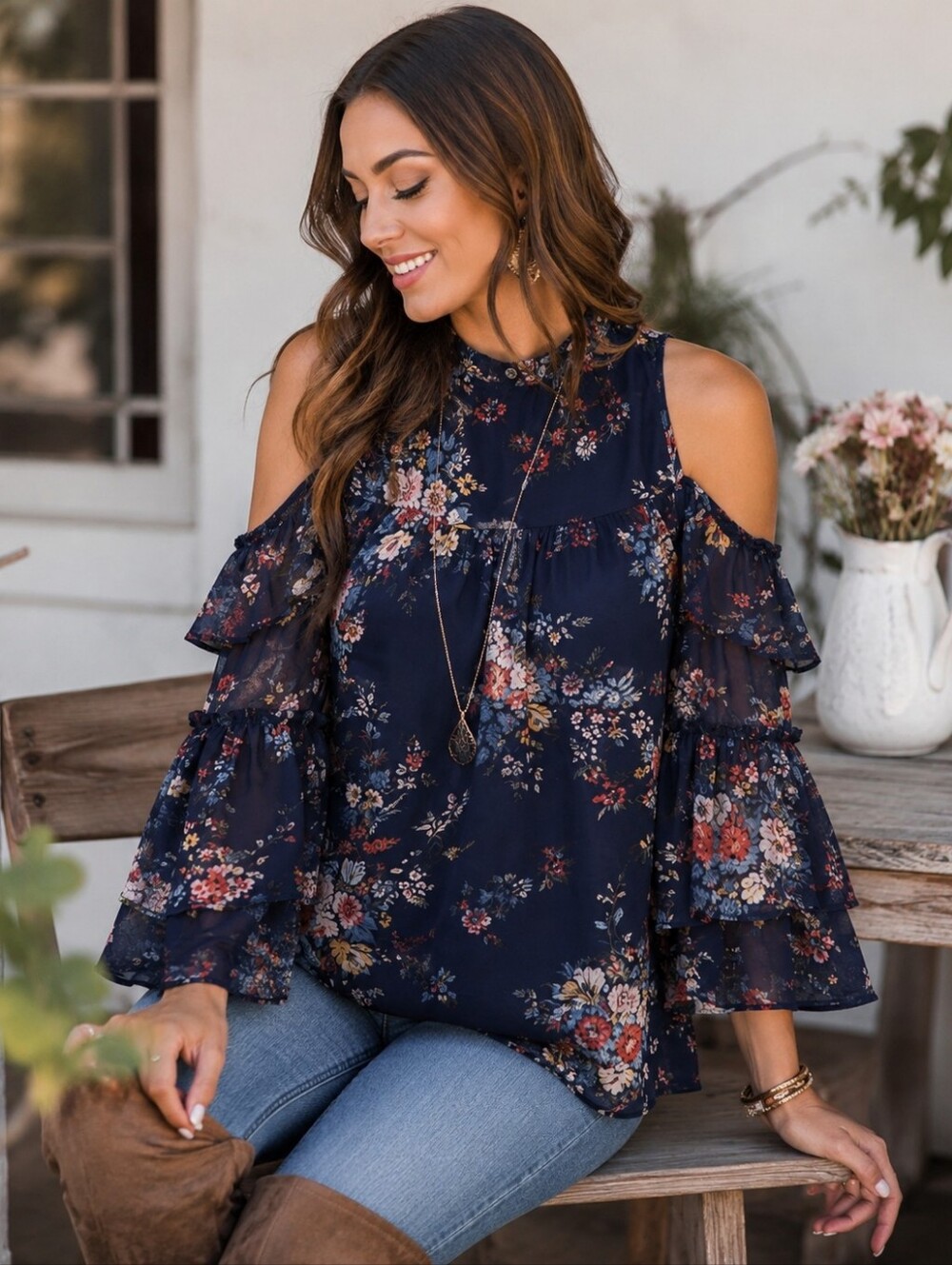 Lucky Brand Boho Floral Cold Shoulder Top Navy Romantic Tiered Sleeve Medium